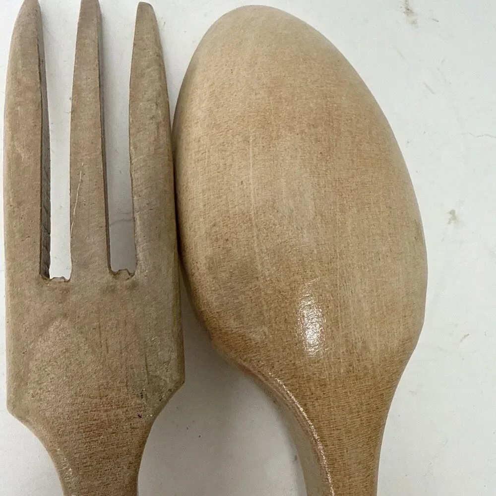 Vintage MCM Wood Spoon & Fork Wooden Rustic Salad Serving Set Mid Century Japan